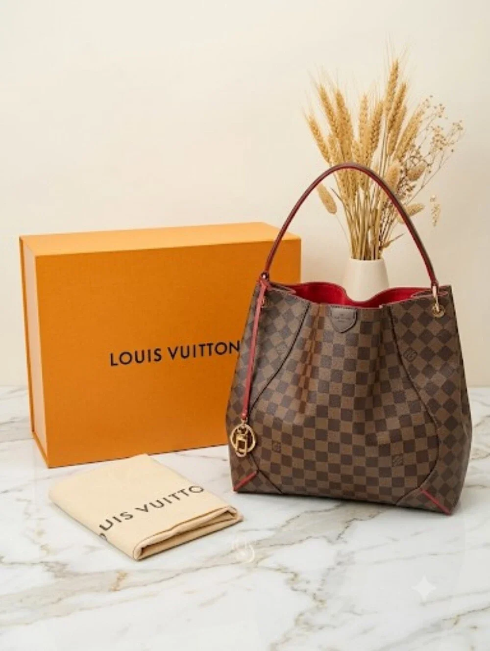 Louis Vuitton Caissa Hobo Damier Ebene Red Cherry Bag Full Set ✨️ EUC
